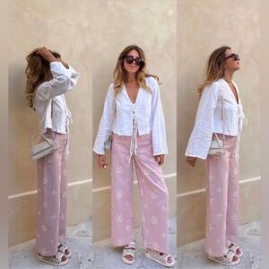 NWOT Zara Pink Embroidered linen blend pants Size M